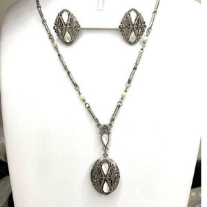 Mother of Pearl Silver Photo Locket Necklace & Earrings MOP Marcasite Vtg S13